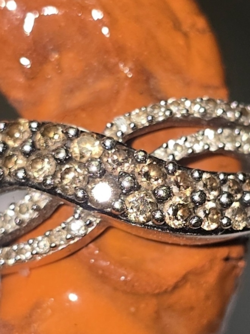 Diamond  Infinity Knot Ring - Champagne and Silver Sparkle Size 7